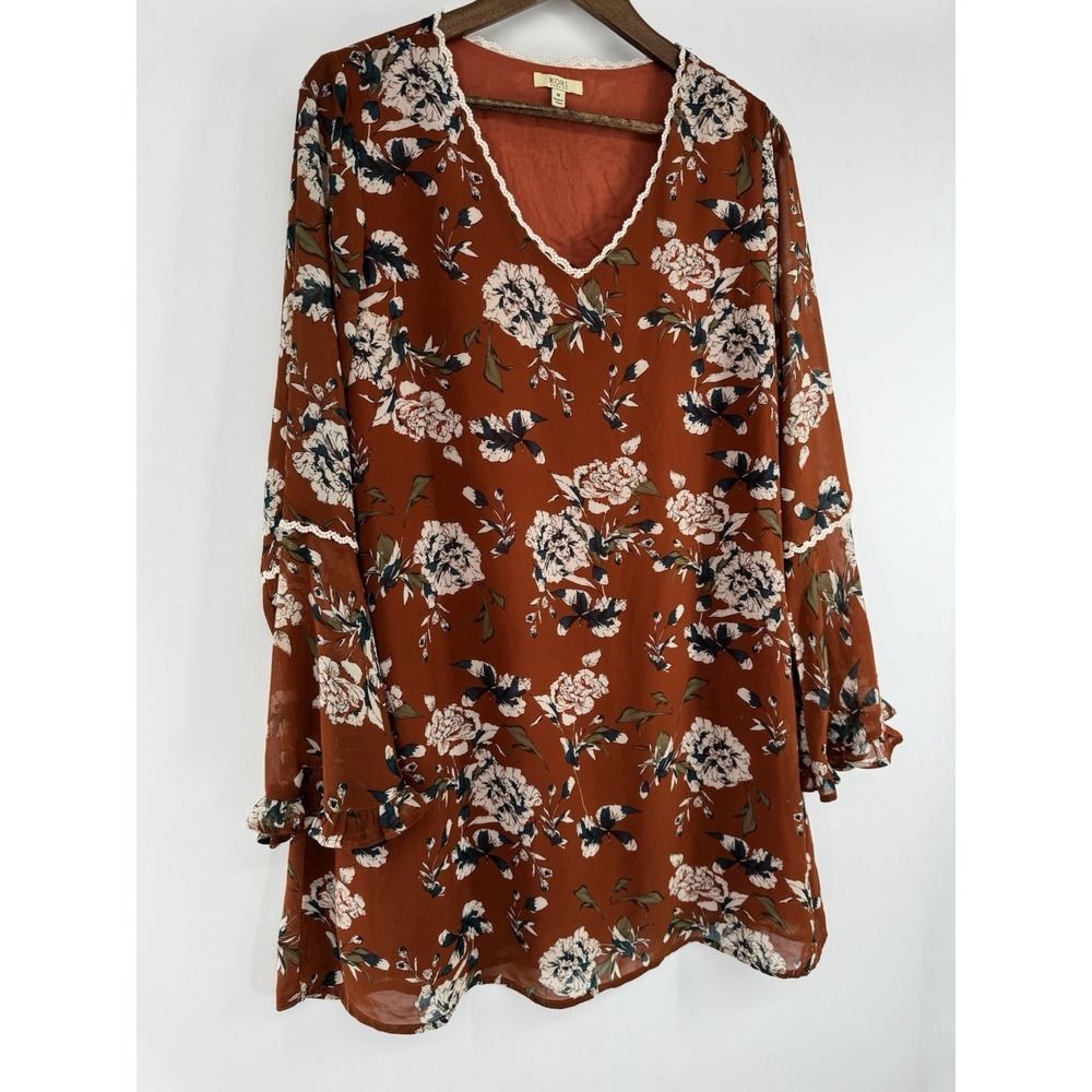 Kori America Tunic Mini Dress Floral Lined Short Bell Sleeve M Romantic Cottage